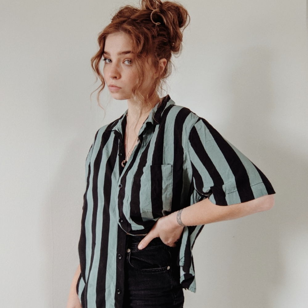 striped short-sleeved button-up